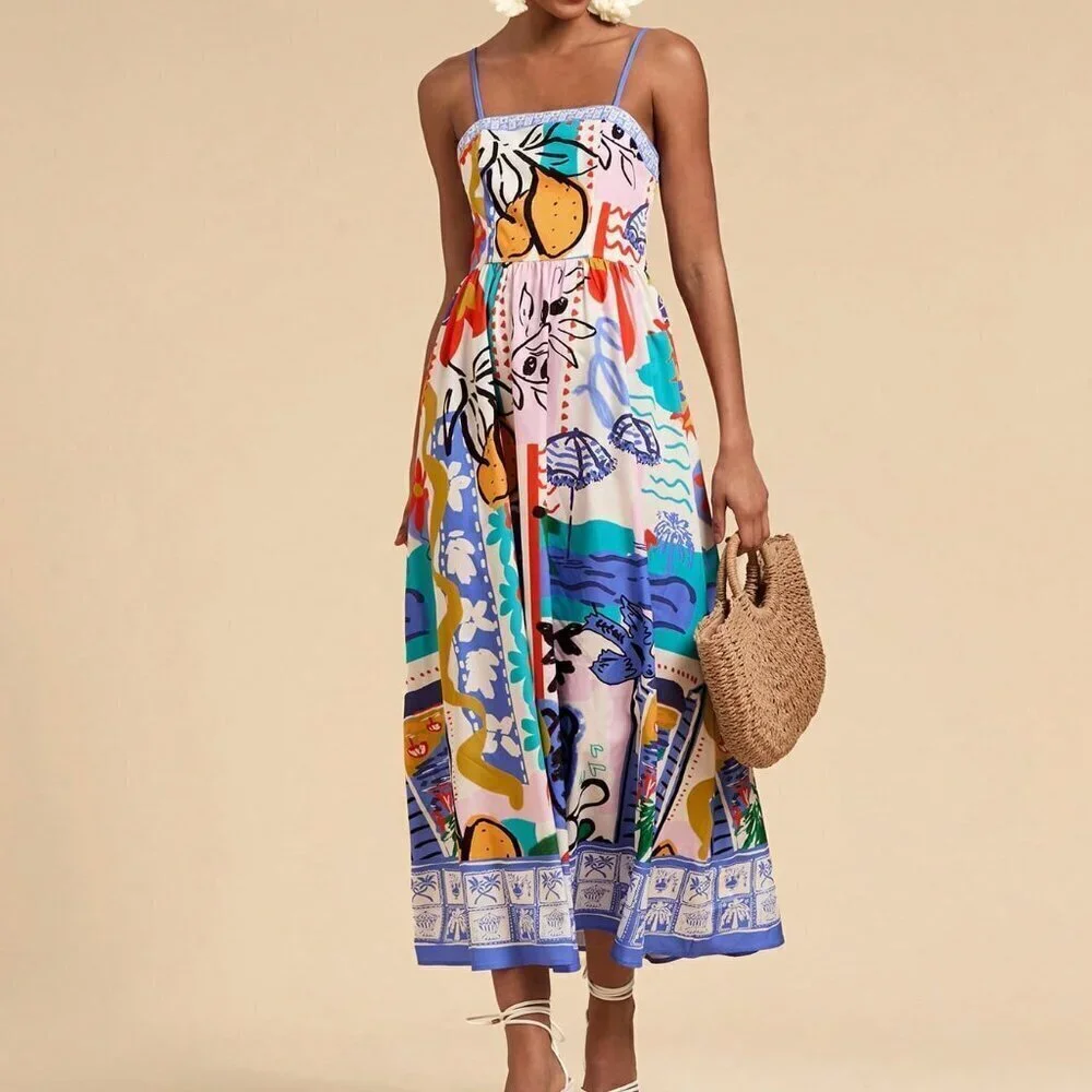 Multicolor Boho Women's Vacation Woven Printed Spaghetti Strap Dress - Picture 6 of 6